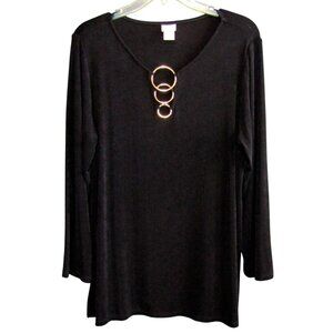 Chicos Travelers Black Gold Ring Neck Top Blouse Long Sleeve Womens Size L 2